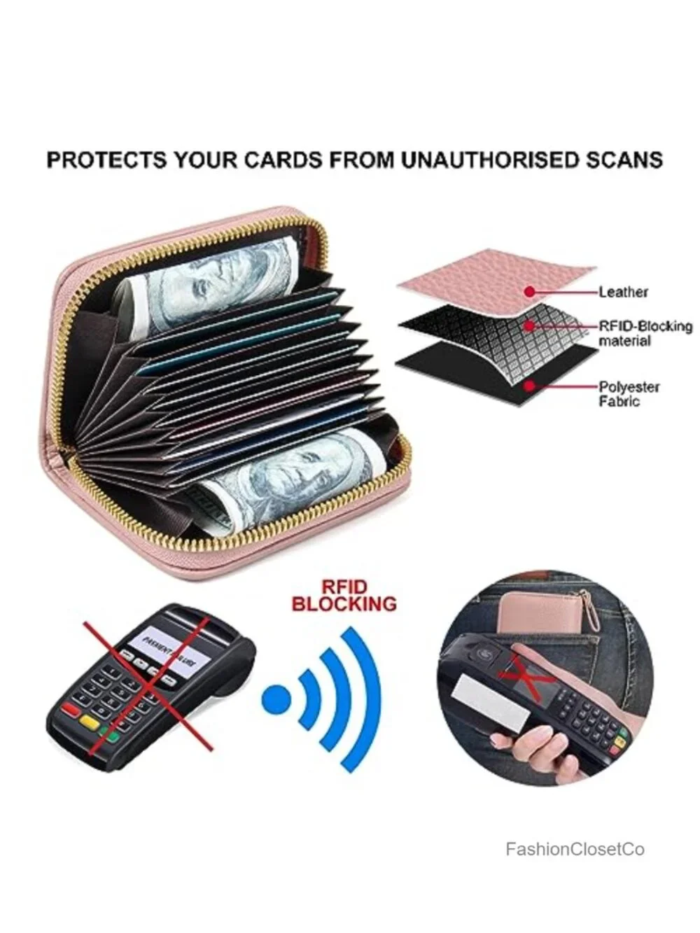 RFID Blocking Accordion Zipper Card Case Wallet, PU Leather